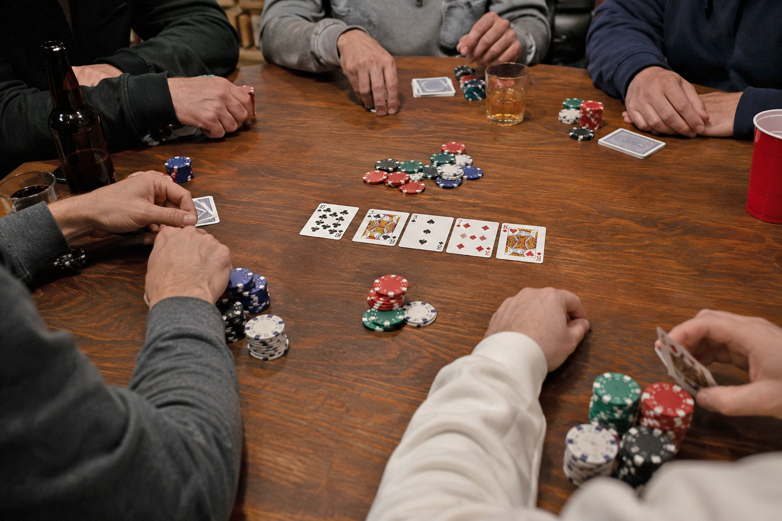 Poker game at a wooden table with five cards laid out and stacks of chips around; players' hands visible with cards and bets in play